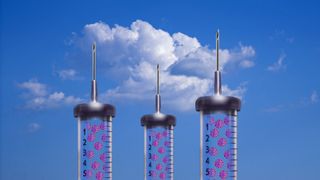 an illustration of vaccine syringes with a blue sky behind them