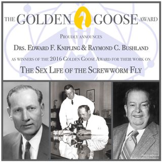 An award announcement celebrates the work of Edward F. Knipling (left) and Raymond C. Bushland (right) in eradicating the destructive screwworm fly. Knipling died in 2000 and Bushland died in 1995. 