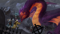 Cover art for the Pathfinder 2e adventure, Ghost King's rage, sees several adventurers fighting off a terrifying wyrm in a graveyard.