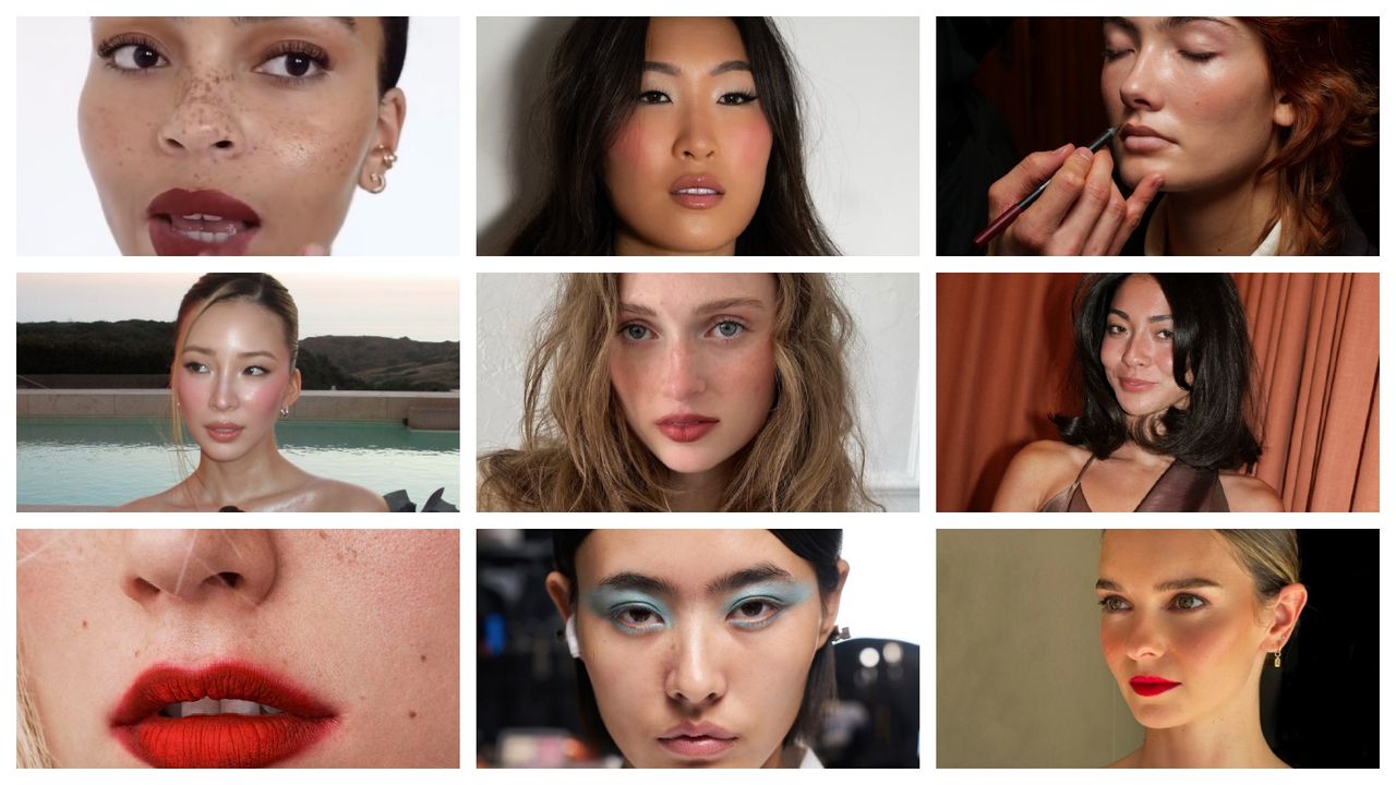 spring makeup trends, a grid of nine women with red lipstick and beautiful makeup