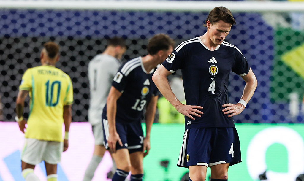 Scott McTominay looks dejected following Scotland's 3-0 defeat to Brazil