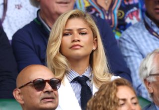 Zendaya looks on during the Gentlemen's Singles Final between Novak Djokovic of Serbia and Carlos Alcaraz of Spain during day fourteen of The Championships Wimbledon 2024 at All England Lawn Tennis and Croquet Club on July 14, 2024 in London, England.