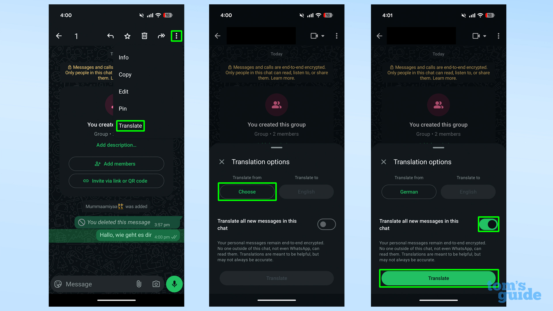 Screenshots showing how to enable message translation in WhatsApp