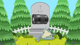 Mock-up of a Tamron lens image on a headstone in a graveyard