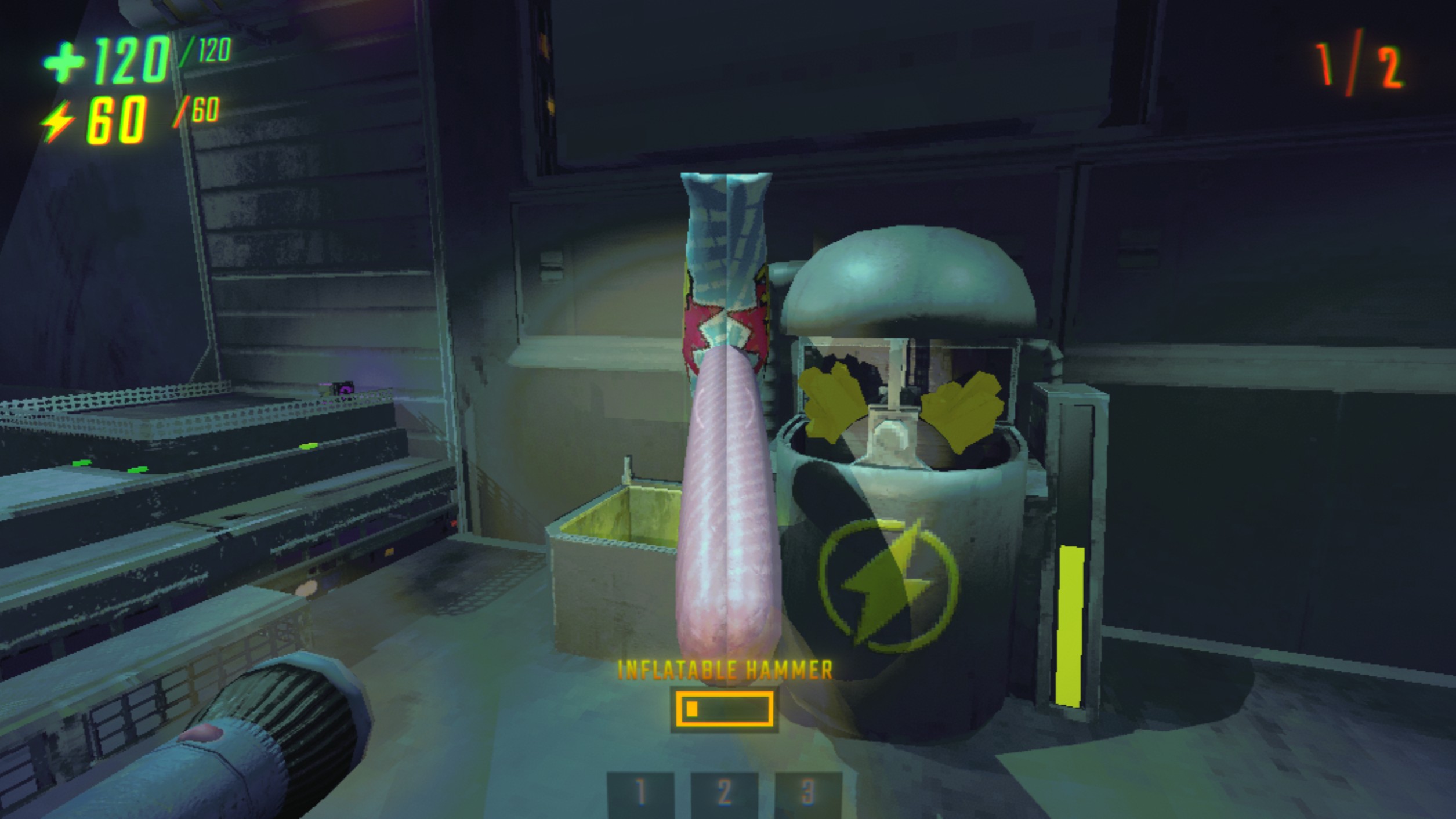 An Inflatable Hammer in REPO with low durability. The player is holding it in front of the truck&#39;s recharging station so they can fill its meter back up.