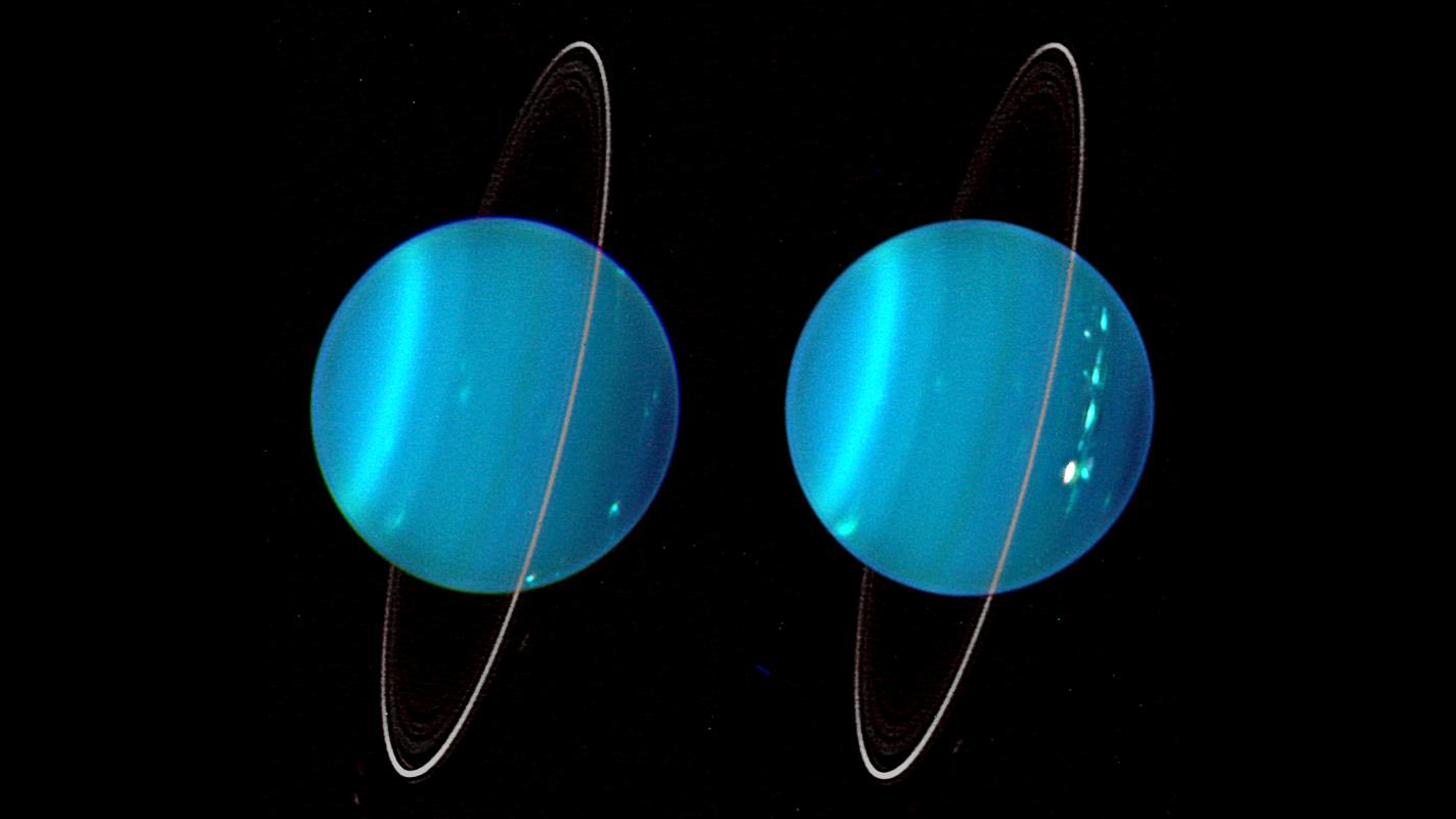 Uranus appears to roll around the sun like a ball, rotating on its side. This composite image of the two hemispheres of Uranus was obtained with Keck Telescope adaptive optics and the north pole is at 4 o'clock.