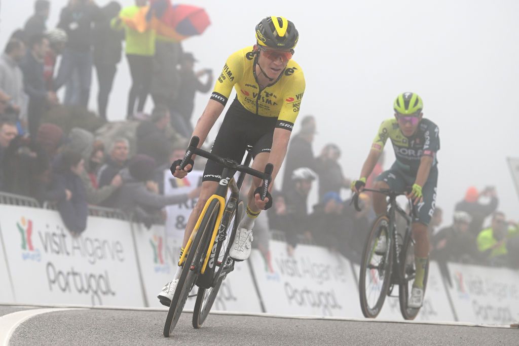 ALTODAFOIA PORTUGAL FEBRUARY 15 Sepp Kuss of The United States and Team Visma Lease a Bike crosses the finish line during the 50th Volta ao Algarve em Bicicleta 2024 Stage 2 a 1719km stage from Lagoa to Alto da Foia 888m on February 15 2024 in Alto da Foia Portugal Photo by Dario BelingheriGetty Images