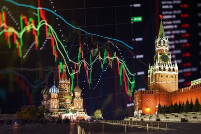 Moscow Kremlin on economic data background. Sanctions in Russia