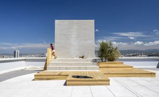 'Le Monument / The Monument', 2013, was Veilhan's wooden extension to the concrete Unité d' Habitation rooftop, framed by Mediterranean shrubs.
