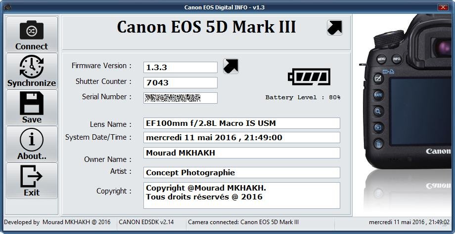 Screenshot from Canon EOS DIGITAL Info software displaying Canon EOS 5D Mark III data