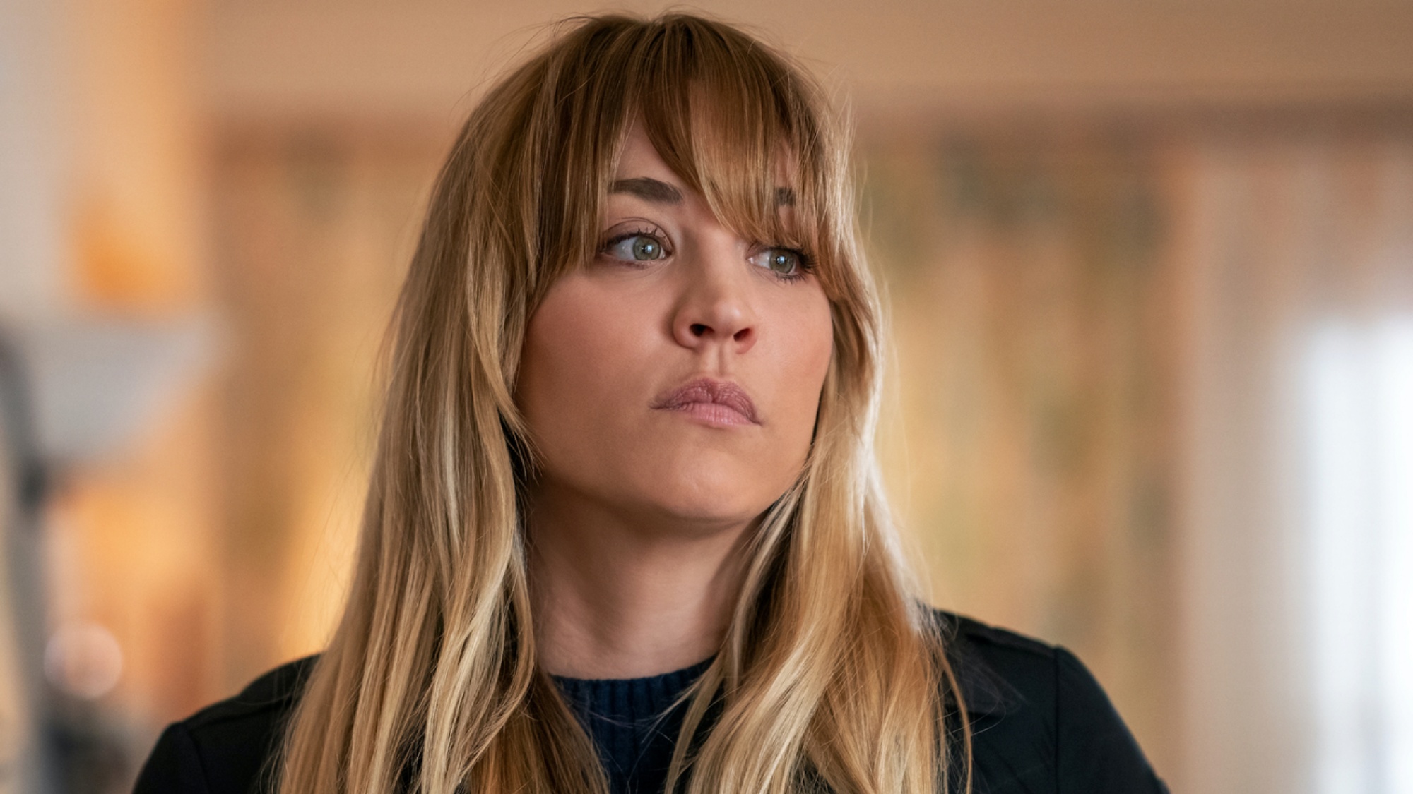 Kaley Cuoco as Cassie looking concerned in The Flight Attendant.