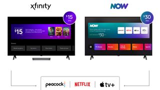 An image showing two TVs with the various price points and streaming services that are available on Comcast's Xfinity and Now TV deals
