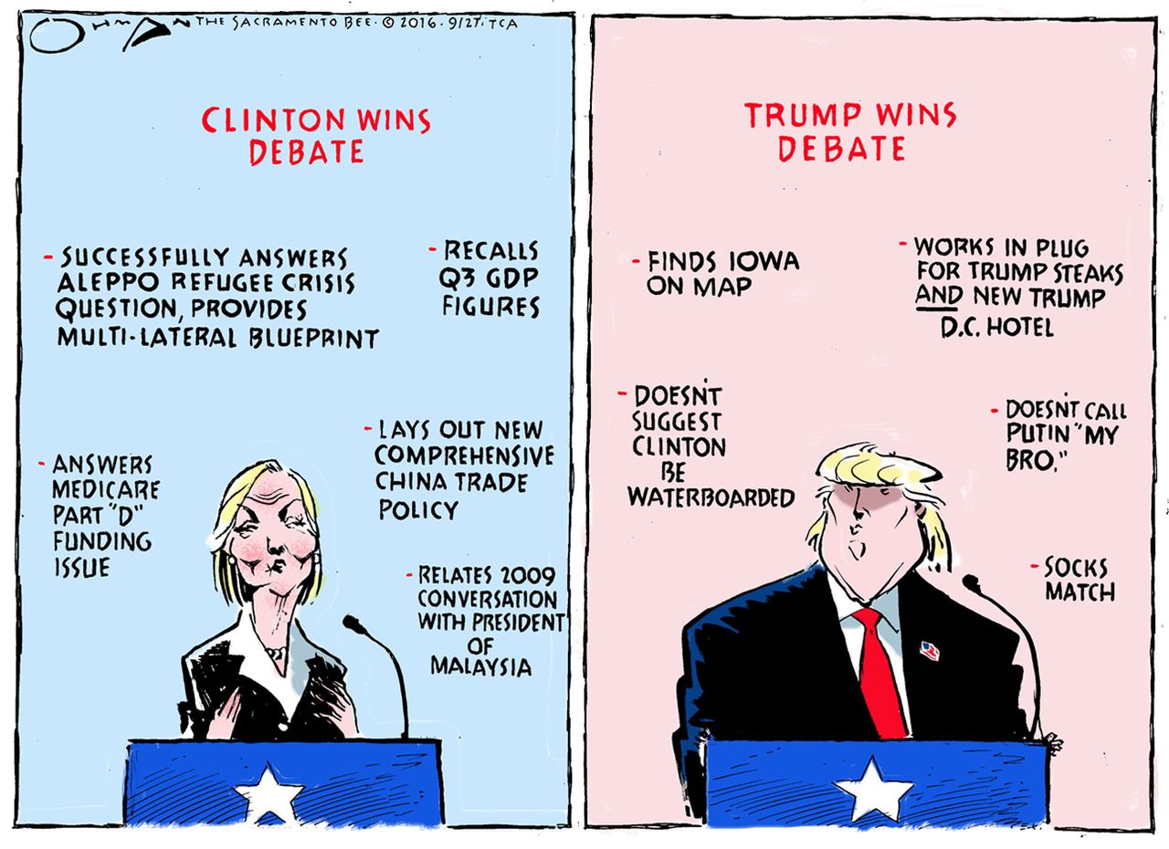 Political cartoon U.S. 2016 election Hillary Clinton Donald Trump debate win