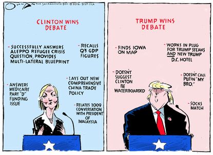 Political cartoon U.S. 2016 election Hillary Clinton Donald Trump debate win