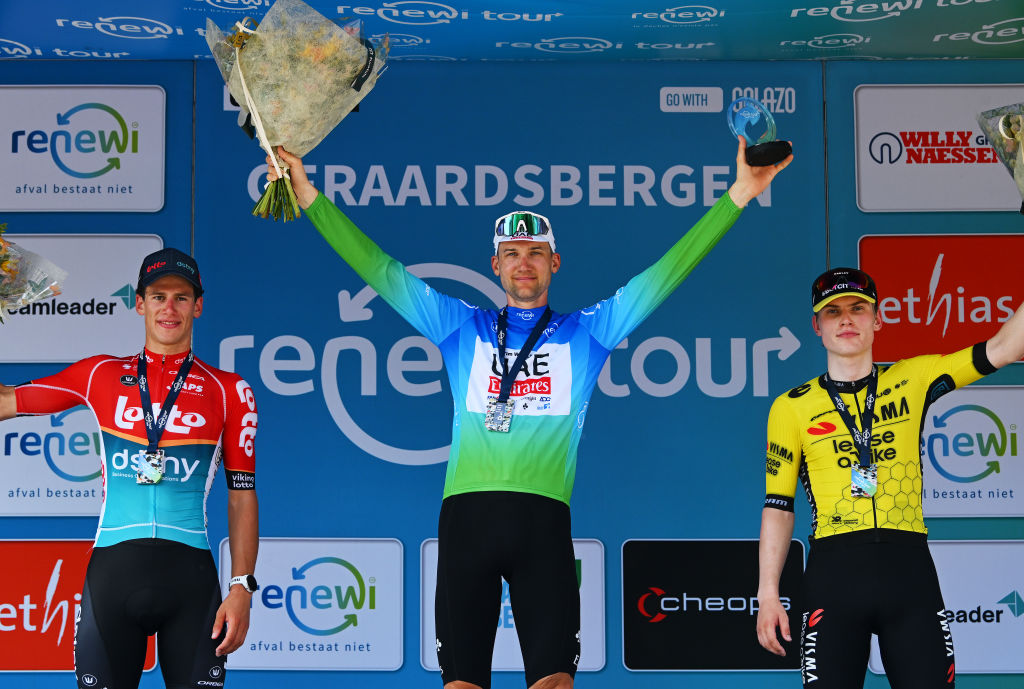 GERAARDSBERGEN, BELGIUM - SEPTEMBER 01: (L-R) GERAARDSBERGEN, BELGIUM - SEPTEMBER 01: (L-R) Alec Segaert of Belgium and Team Lotto Dstny on second place, race winner Tim Wellens of Belgium and UAE Team Emirates - Blue Leader Jersey and Per Strand Hagenes of Norway and Team Visma | Lease A Bike on third place pose on the podium ceremony after the 20th Renewi Tour 2024 - Stage 5 a 202.7km stage from Menen to Geraardsbergen / #UCIWT / on September 01, 2024 in Geraardsbergen, Belgium. (Photo by Luc Claessen/Getty Images) of Belgium and Team Lotto Dstny on second place, race winner Tim Wellens of Belgium and UAE Team Emirates - Blue Leader Jersey and Per Strand Hagenes of Norway and Team Visma | Lease A Bike on third place pose on the podium ceremony after the 20th Renewi Tour 2024 - Stage 5 a 202.7km stage from Menen to Geraardsbergen / #UCIWT / on September 01, 2024 in Geraardsbergen, Belgium. (Photo by Luc Claessen/Getty Images)