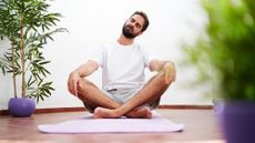 A man in white shirt and grey shorts stretching on a yoga mat, next to him is a green leafy plant