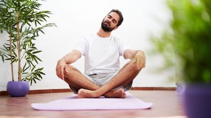 A man in white shirt and grey shorts stretching on a yoga mat, next to him is a green leafy plant