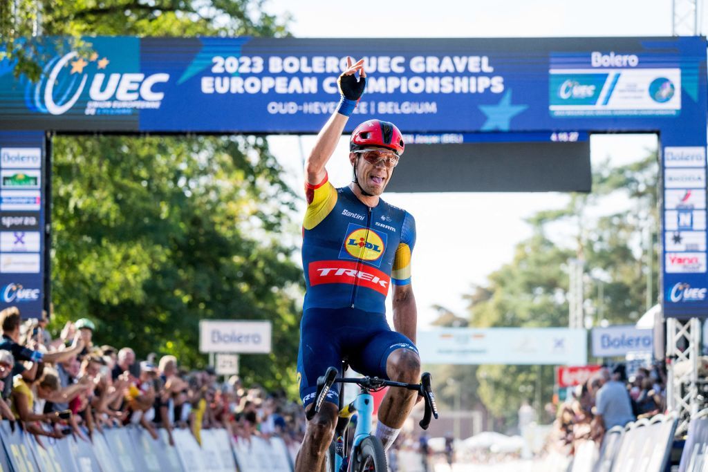 Belgian Jasper Stuyven celebrates as he crosses the finish line to win the elite race at the European and Belgian Gravel Championships Sunday 01 October 2023 in Heverlee Leuven BELGA PHOTO JASPER JACOBS Photo by JASPER JACOBS BELGA MAG Belga via AFP Photo by JASPER JACOBSBELGA MAGAFP via Getty Images