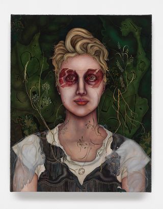 Smith's works are peppered with contemporary motifs and a dash of humour. A closer look at Cammo, 2015, exposes her subject sporting rose-tinted aviators.