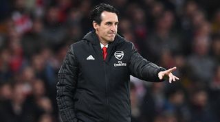 Unai Emery gives instructions from the touchline while head coach of Arsenal