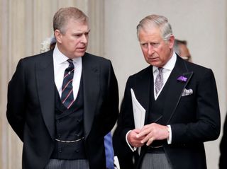 Prince Andrew, Duke of York and Prince Charles, Prince of Wales attend a Service of Thanksgiving to celebrate Queen Elizabeth II's Diamond Jubilee