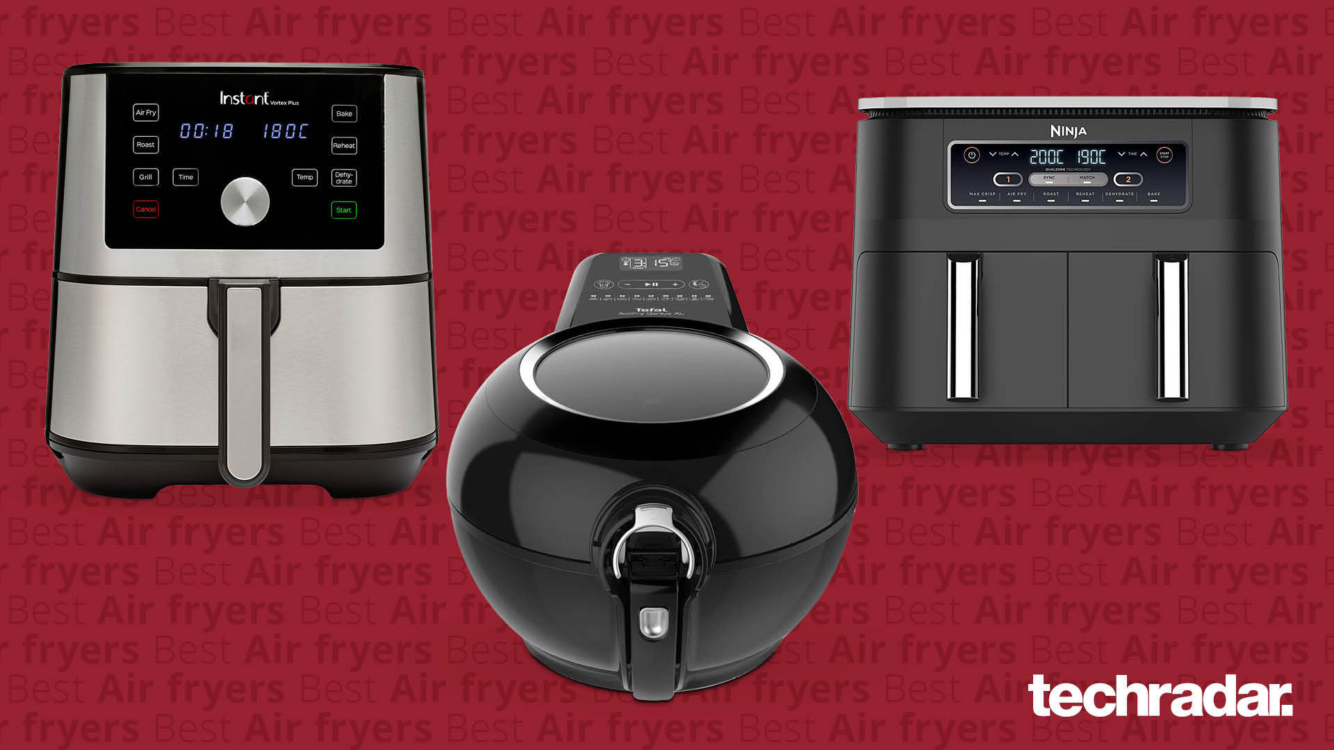 The Instant Vortex Plus, Tefal Actifry Genius XL and the Ninja Foodi dual zone air fryers on a red background