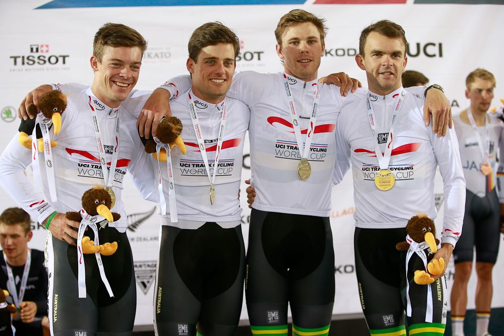Jack Bobridge, Alexander Edmondson, Michael Hepburn and Luke Davison of Australia pose with their gold medals following the Mens Team Pursuit Final