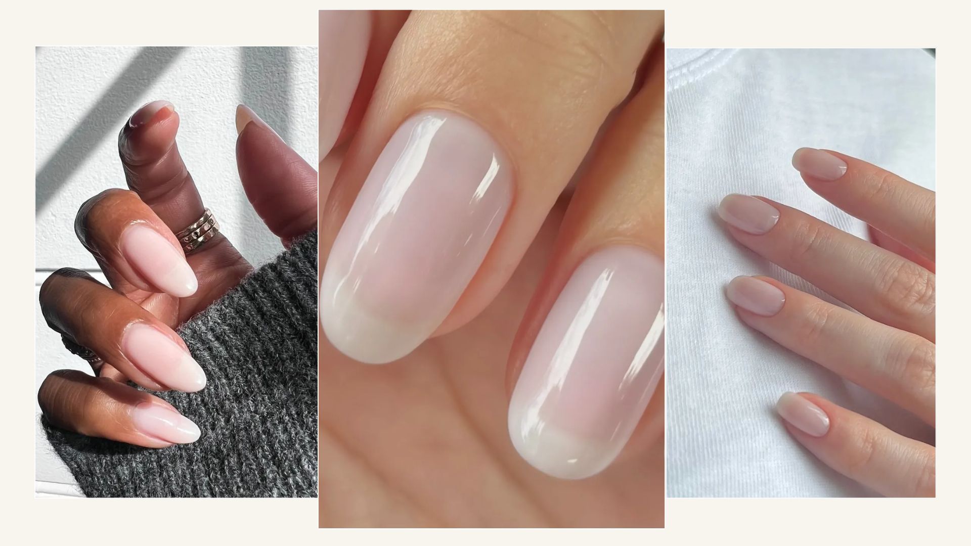 A collage of sheer milky white manicures