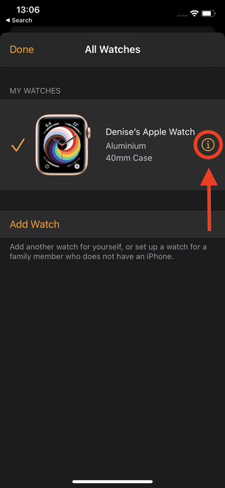 How to unpair Apple Watch - tap the information icon