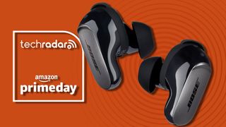 Bose QuietComfort Ultra Earbuds on orange TR background with Prime Day badge 