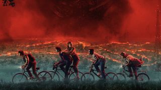 Will, Dustin, Lucas, Mike and Eleven riding bikes on Stranger Things Season 5 poster