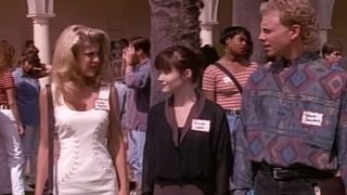 The cast members of Beverly Hills, 90210 at high school