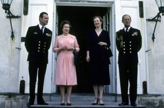 Queen Elizabeth ll (2nd left) and Prince Philip, Duke of Edinburgh (right) pose with Queen Margarthe and Prince Henrik of Denmark