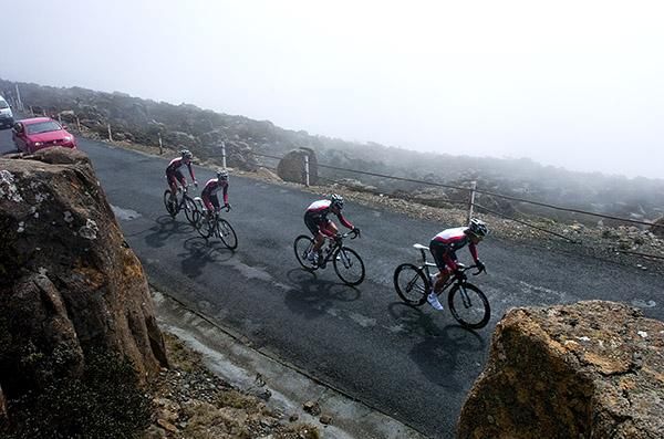 The remaining riders on the V Australia team near the summit of Mt.Wellington where the weather can throw anything up.