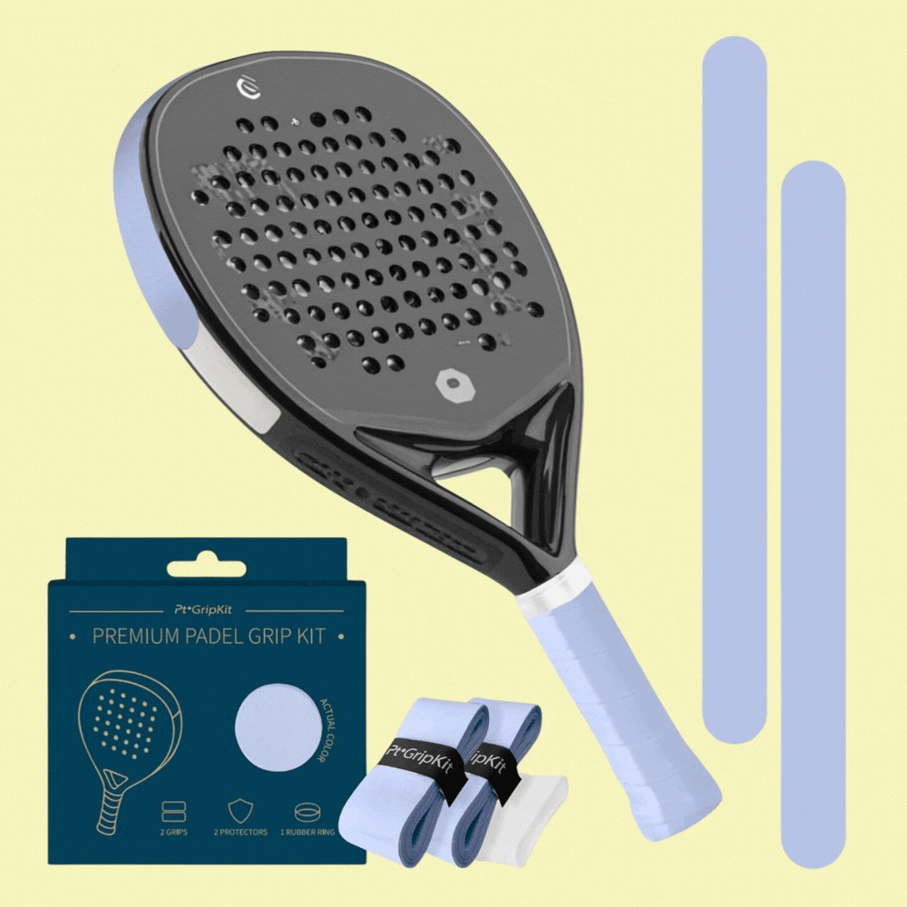 Pt Watch Overgrip for Padel Rackets Set captured on a racket against a pale yellow background in a rotating gif.