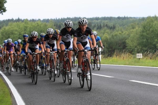 Lisa Brennauer leads the Hitec Products team at the front of the bunch - where they spent a lot of the stage