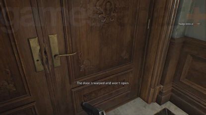 A warped door in Resident Evil Requiem.