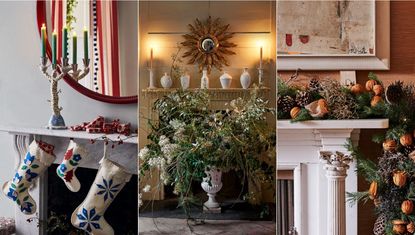 Christmas fireplace decor ideas. Colorful, modern fireplace with stockings and candles. Traditional fireplace with vase of flowers and foliage, candles, close up of garland in fireplace.