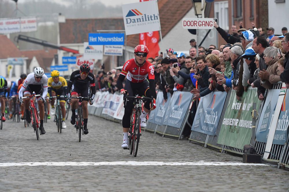 Kris Boeckmans crosses the line to win Nokere Koerse.