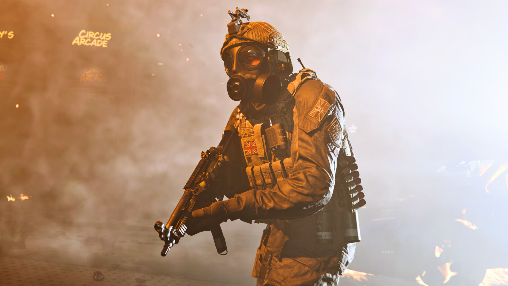 A Call of Duty: Modern Warfare screenshot with a character in modern military gear in a smoky environment.