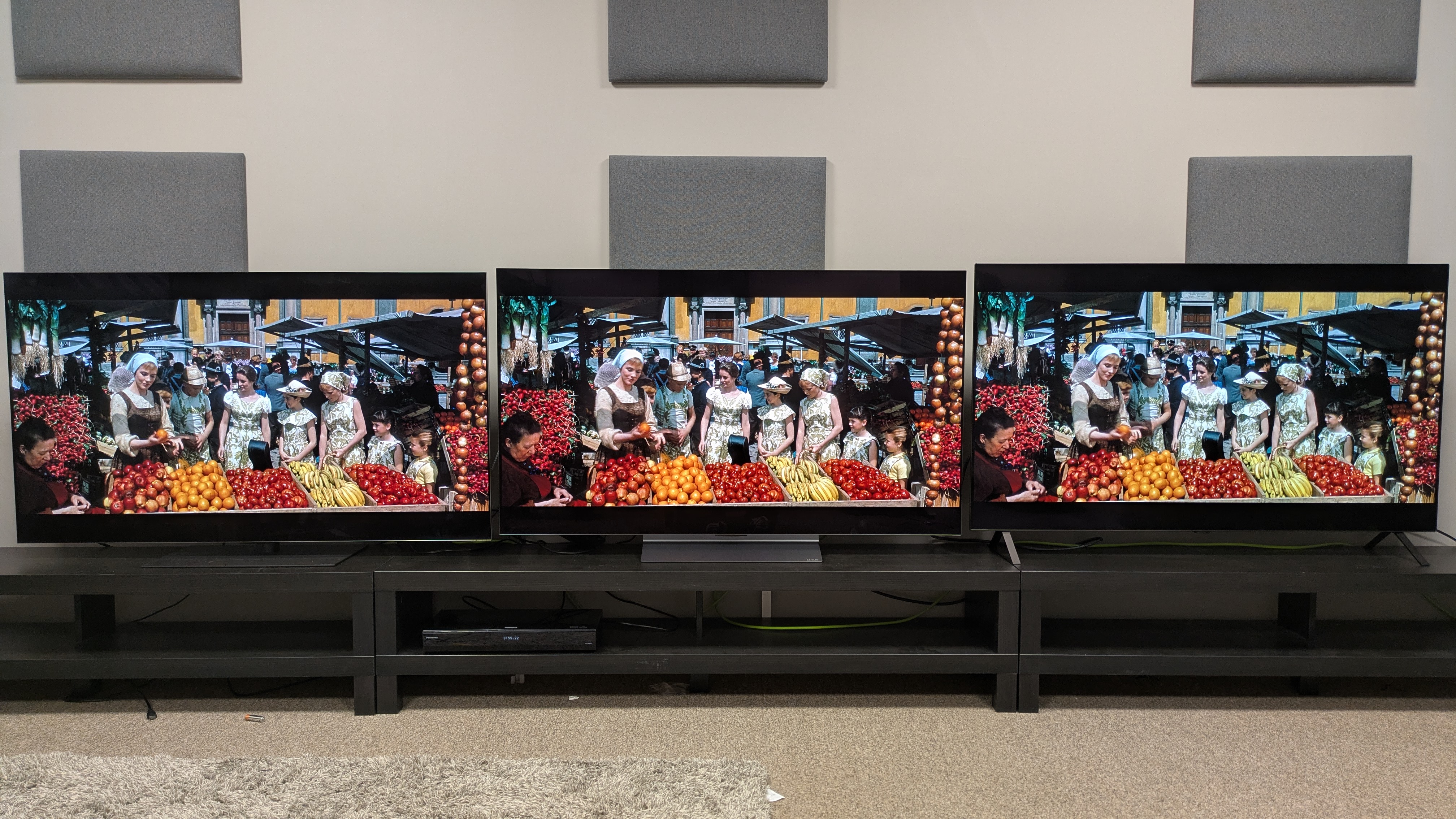 The LG G5 (left), LG C5 (middle) and LG B5 (right) showing The Sound of Music on screen