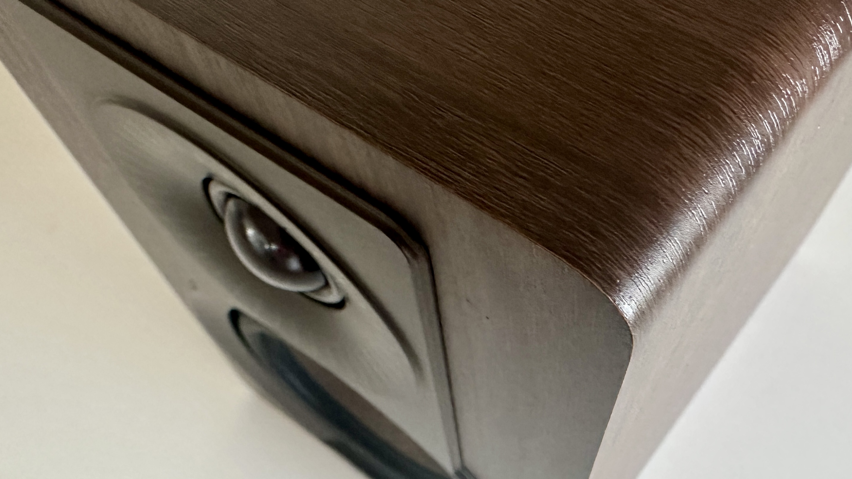 Bird&#039;s eye shot of the front panel of a Dali Kupid bookshelf speaker.