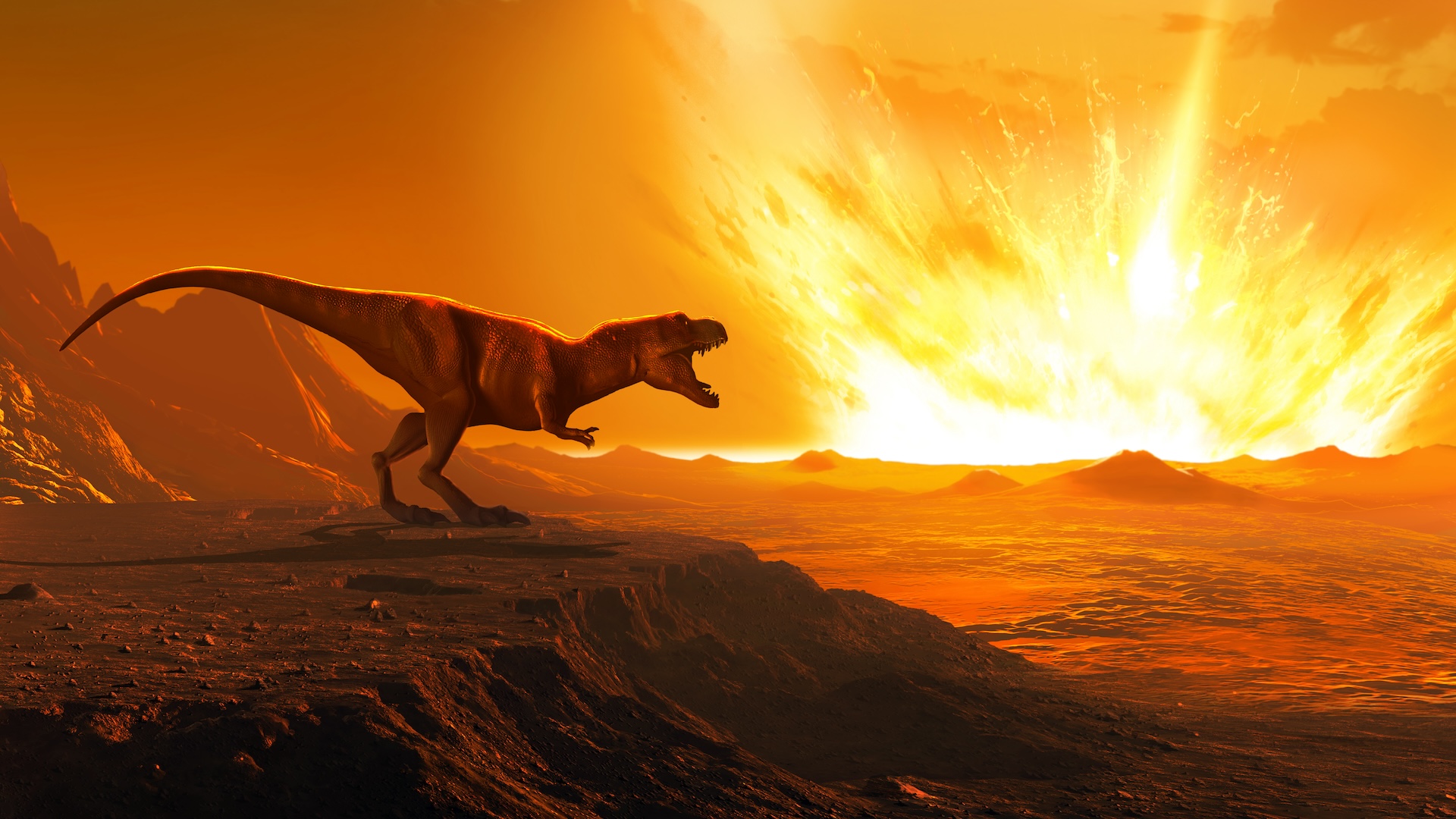 An illustration of a T. rex watching an asteroid hit earth.