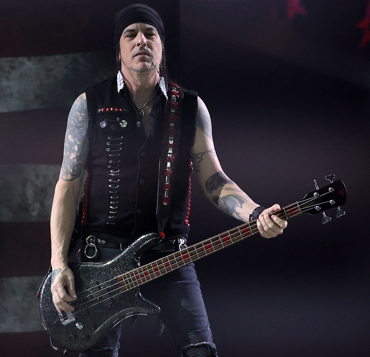 Rachel Bolan of Skid Row performs at the Zappos Theater in Las Vegas, Nevada on March 26, 2022