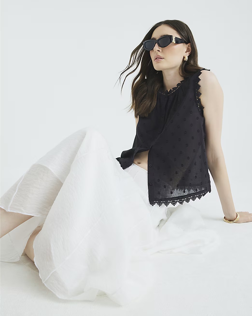 Black Sleeveless Broderie Blouse