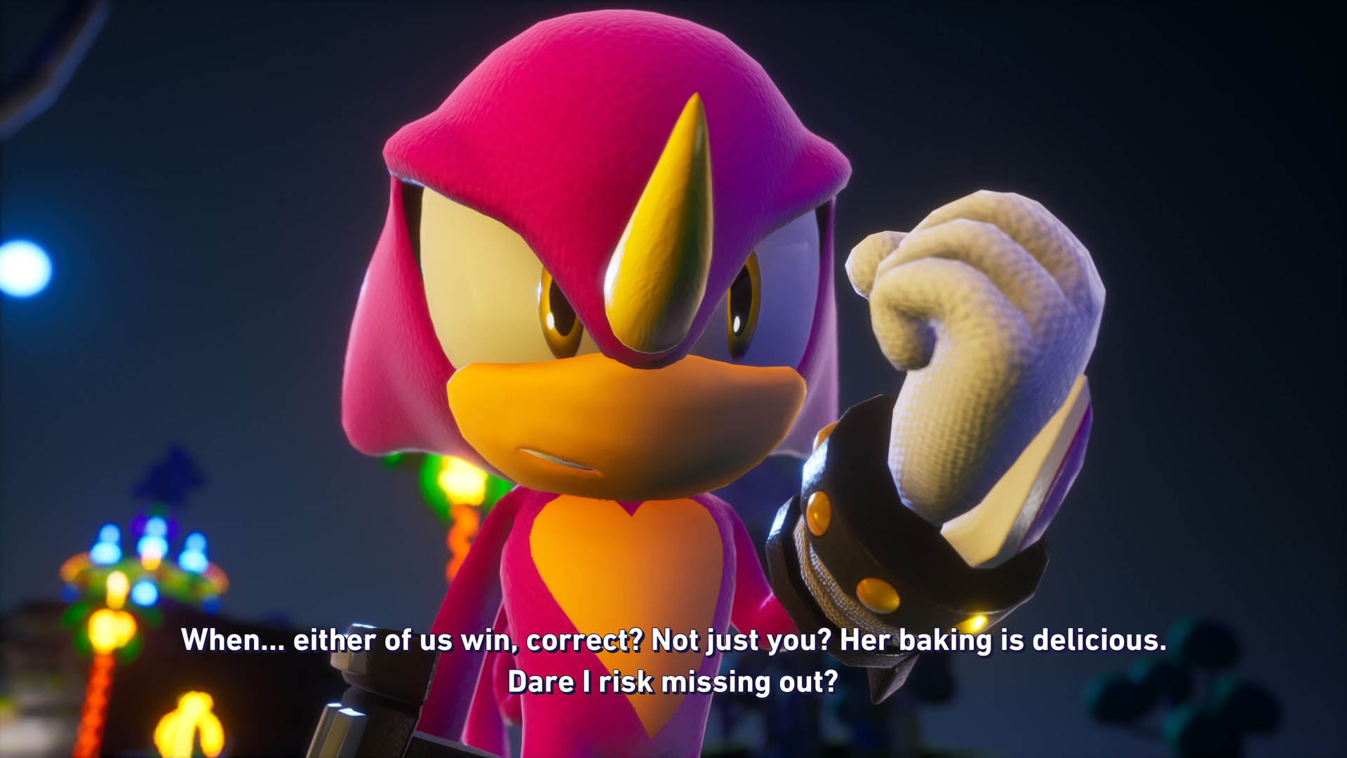 Espio says &#039;When... either of us win correct? Not just you? Her baking is delicious. Dare I risk missing out?&#039; in Sonic Racing: CrossWorlds