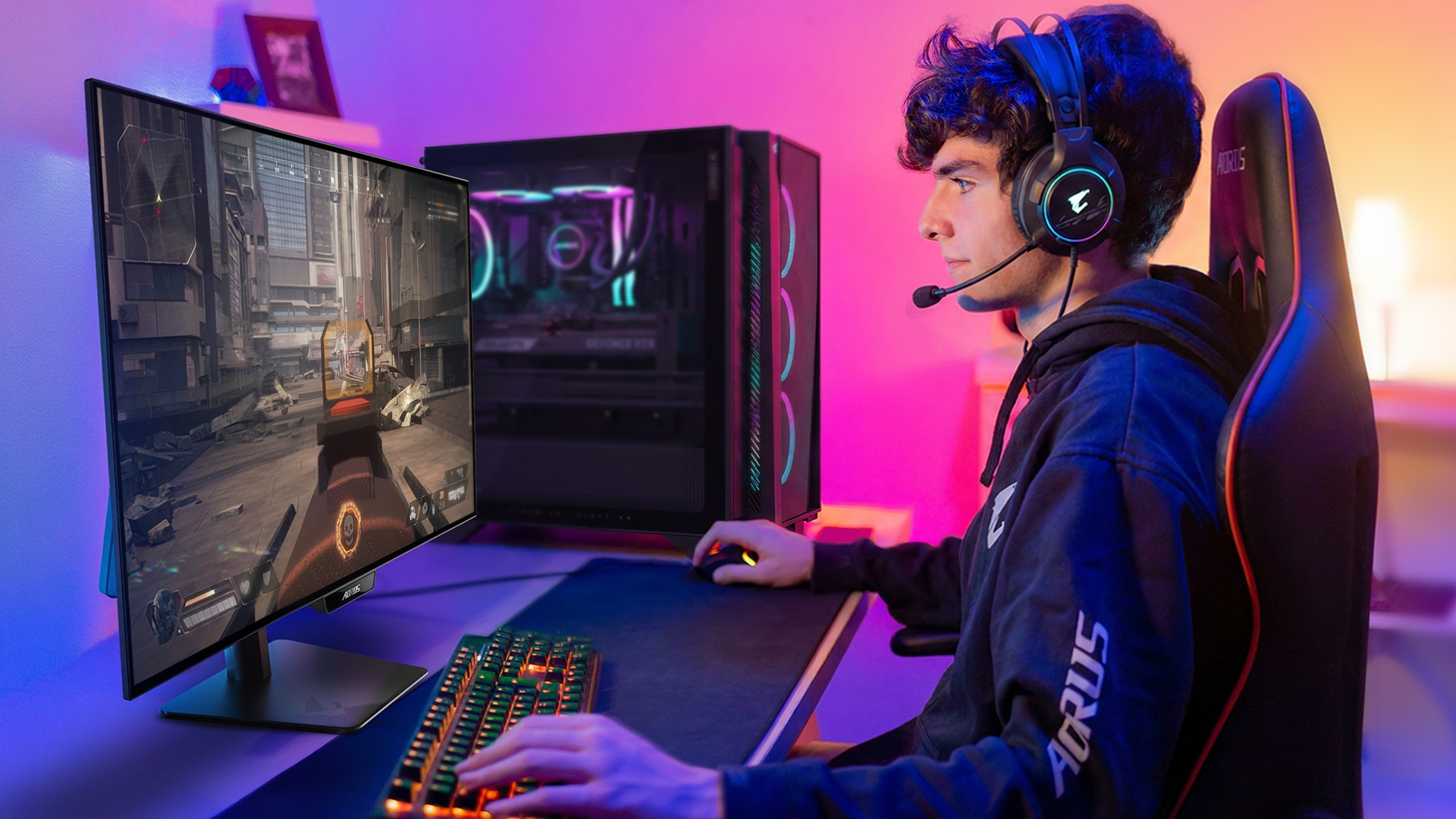 AORUS ELITE FO27Q28G on a desk
