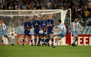 Sinisa Mihajlovic takes a free-kick for Lazio against Dynamo Kyiv in September 1999.