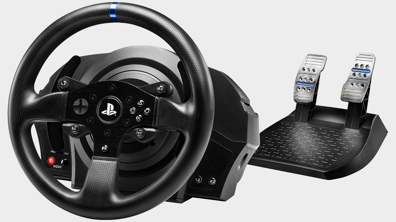 A picture of Thrustmaster racing wheel and pedals on a grey background