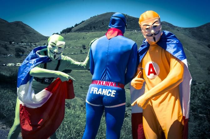 Col de Val Louron - Azet . Look ... French Anarchists on the way up to the Col de Peyresourde.. Look - Look - It says France and guess where we are?... Spain?... No France... Excellent! What says anarchy more than three students with Guy Fawkes masks on dressed in a dayglow lycra onesies! Let's start a revolution!